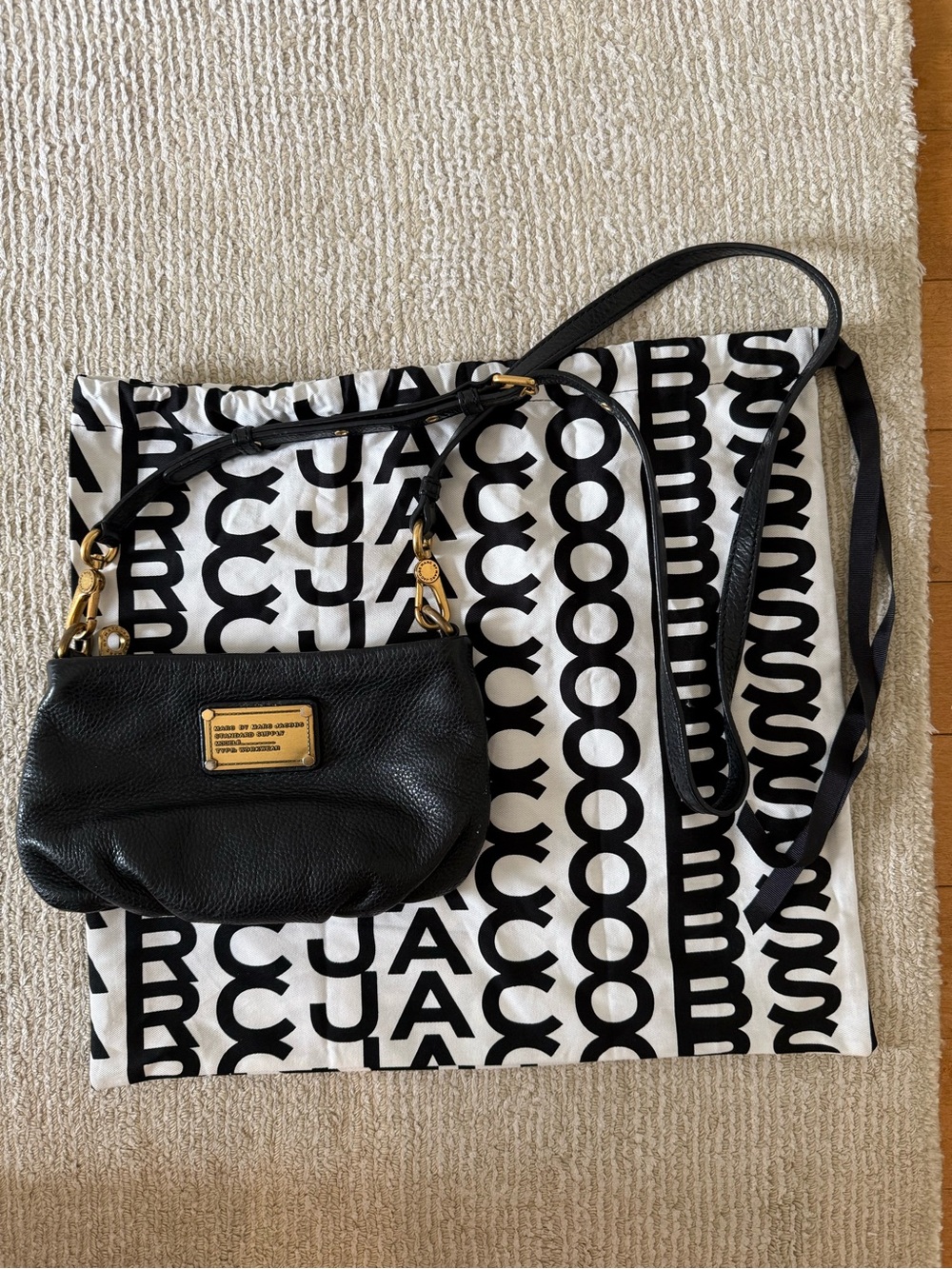 Marc Jacobs Black Pebbled Leather Crossbody with Gold Plaque